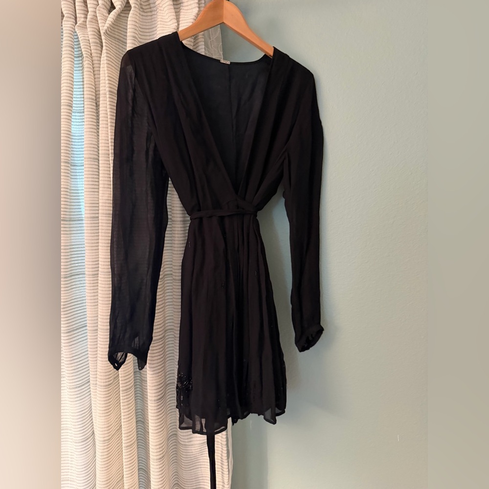 Chan Luu little black dress long sleeve beaded skirt size small